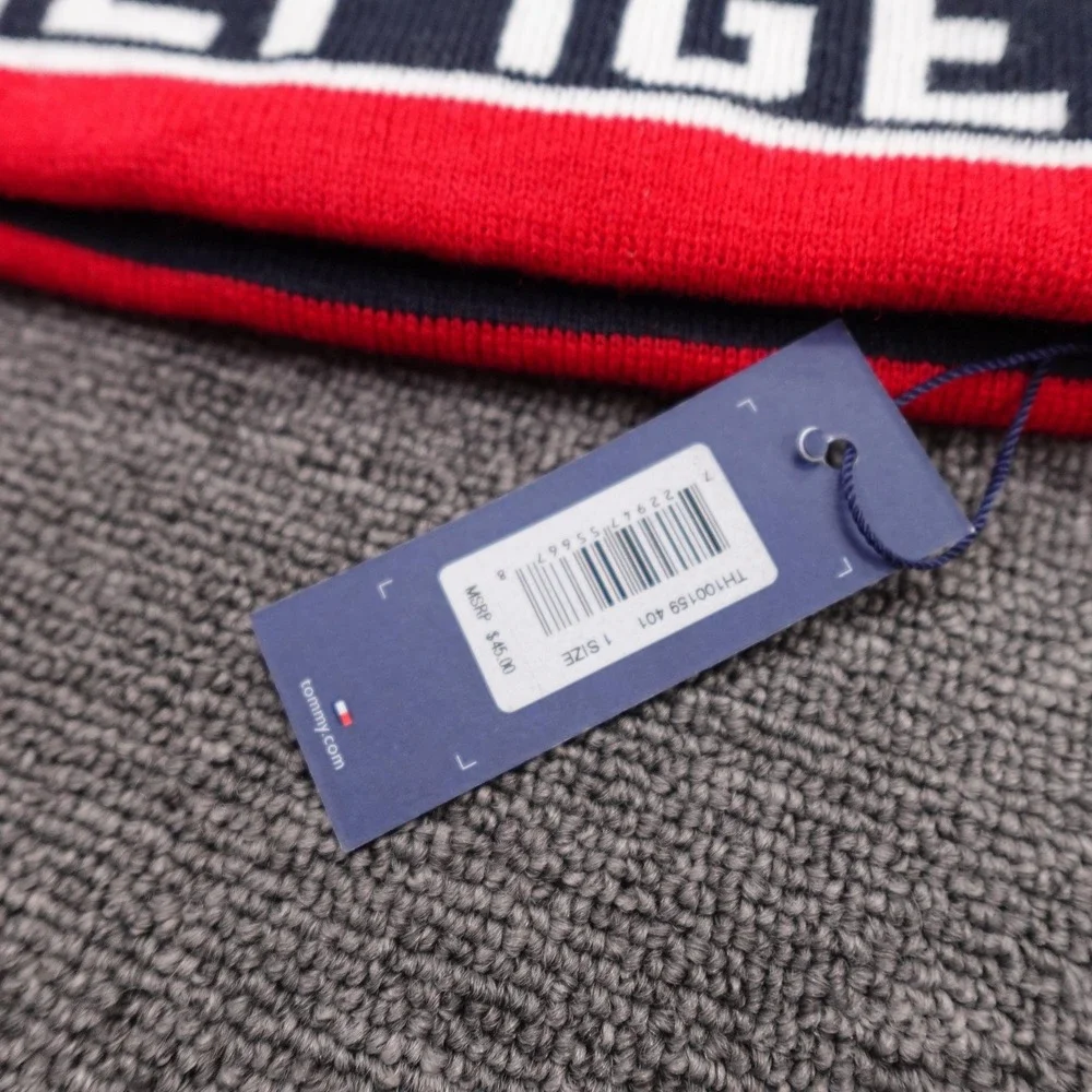 Tommy Hilfiger Hat Beanie Fitted Mens One Size Blue Red Stripe Logo Knit Winter